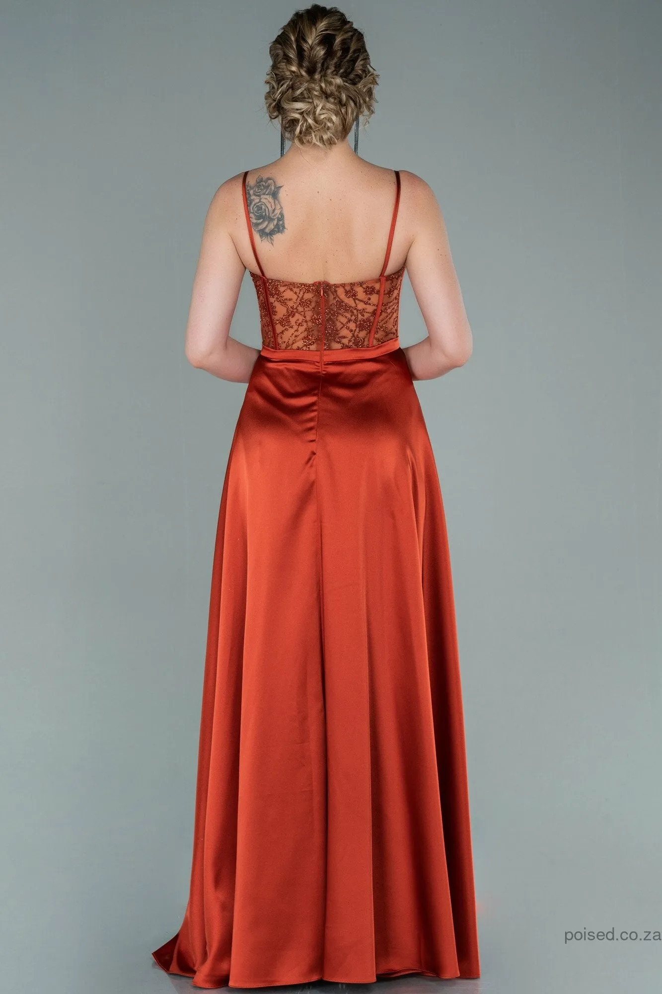 29932 Rust Brown Sheer Lace Corset Satin Dress