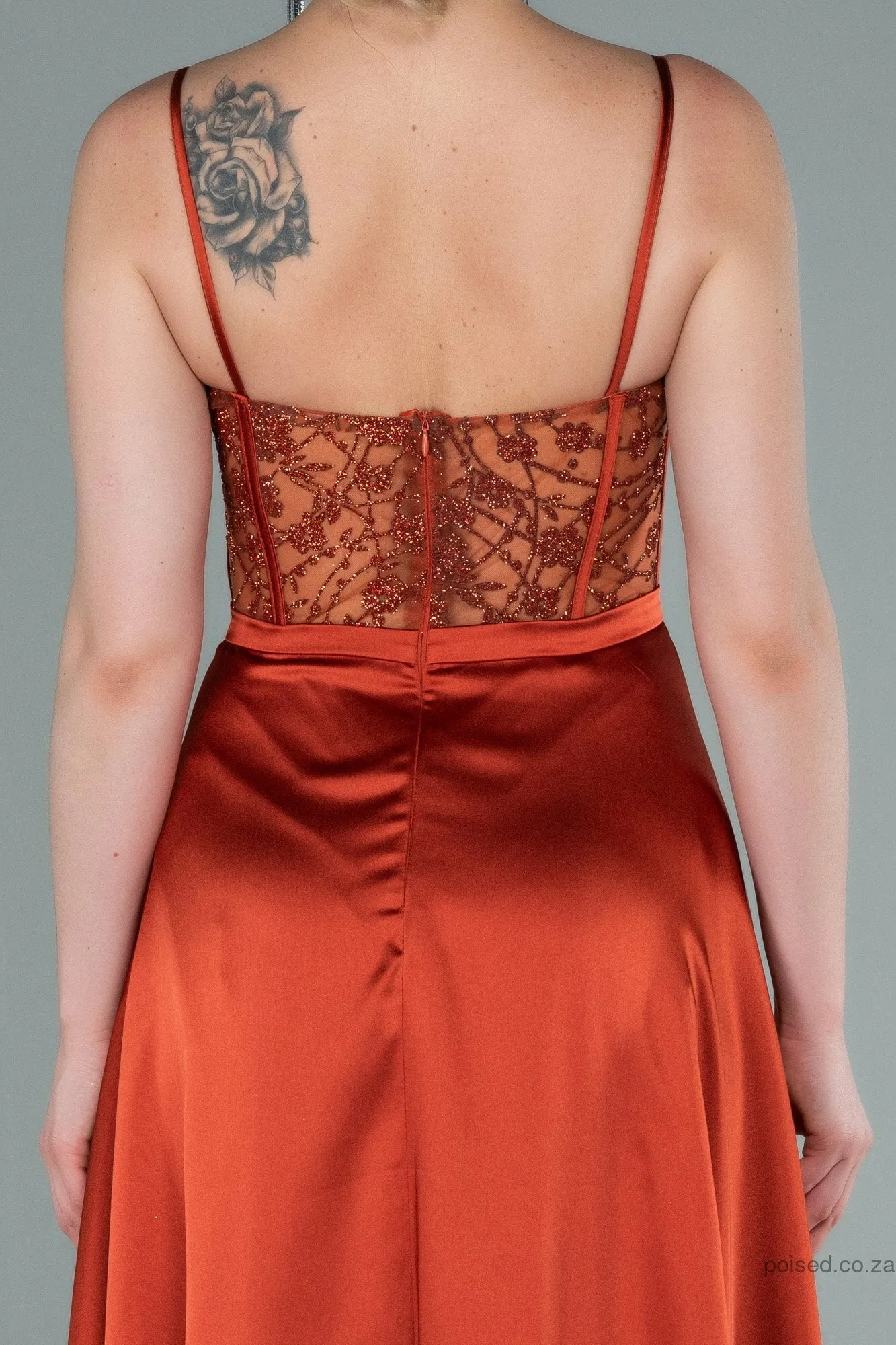 29932 Rust Brown Sheer Lace Corset Satin Dress