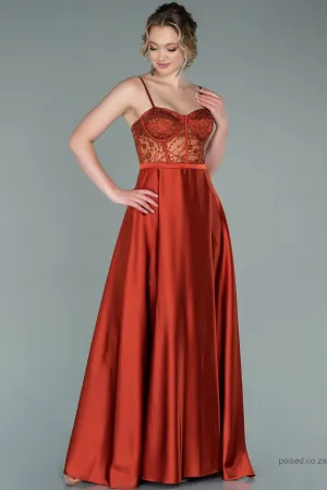 29932 Rust Brown Sheer Lace Corset Satin Dress