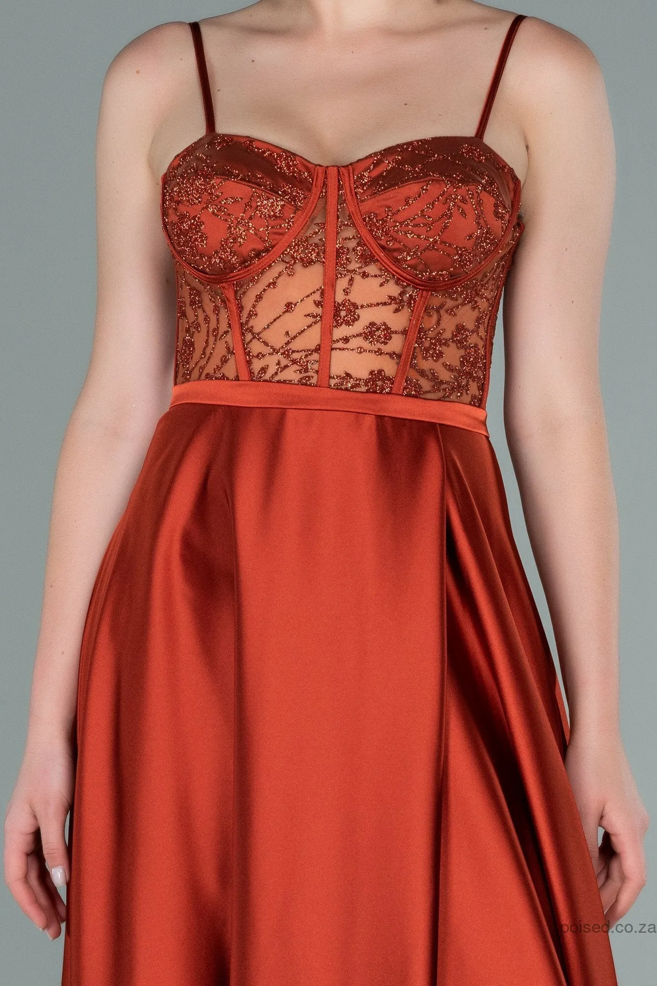 29932 Rust Brown Sheer Lace Corset Satin Dress