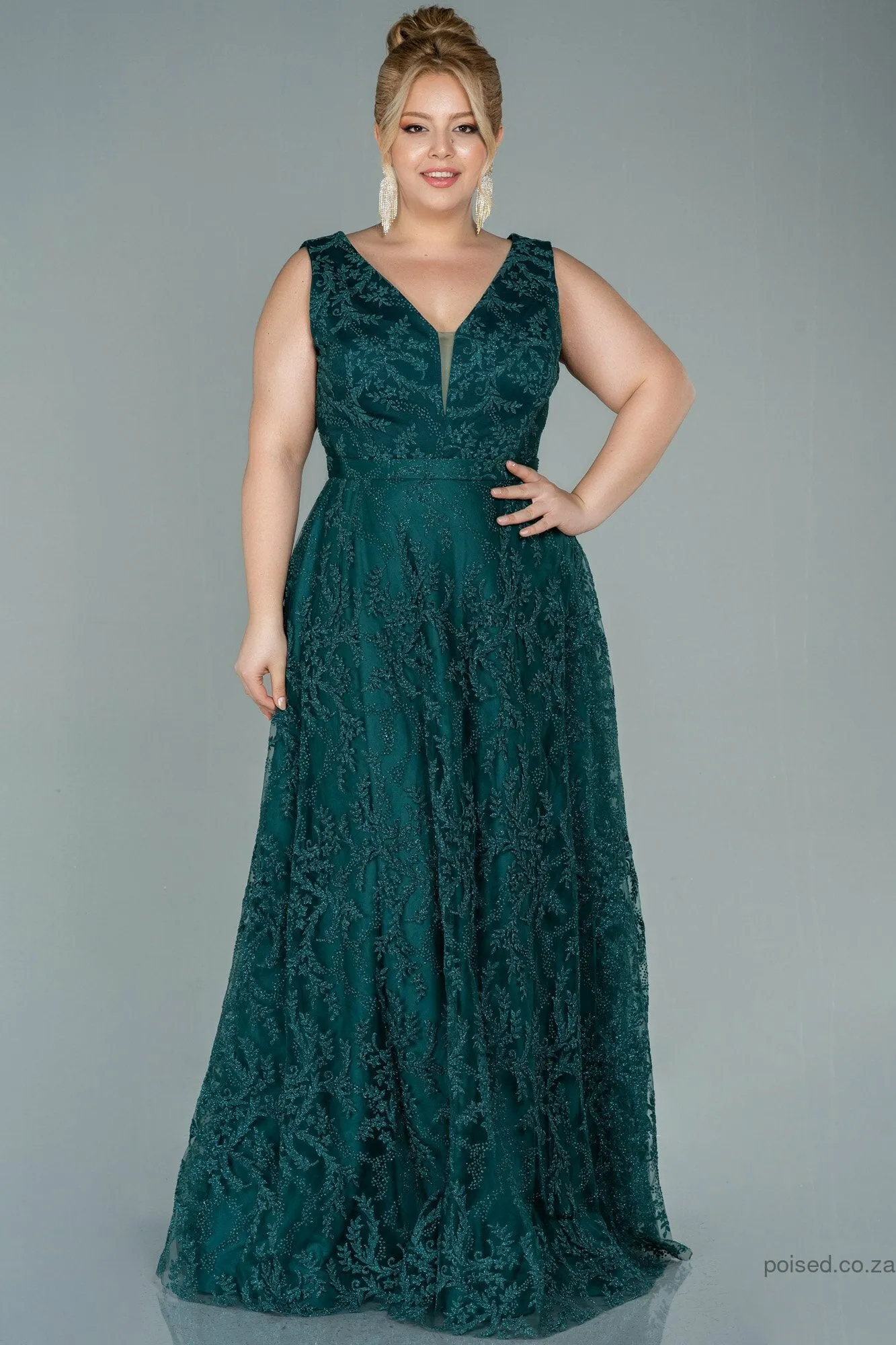 29949 Emerald Green Embroidered Tulle Princess Dress