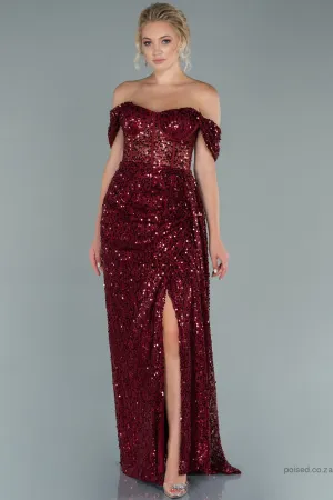 29973 Burgundy Off-Shoulder Slit Sequins Dress