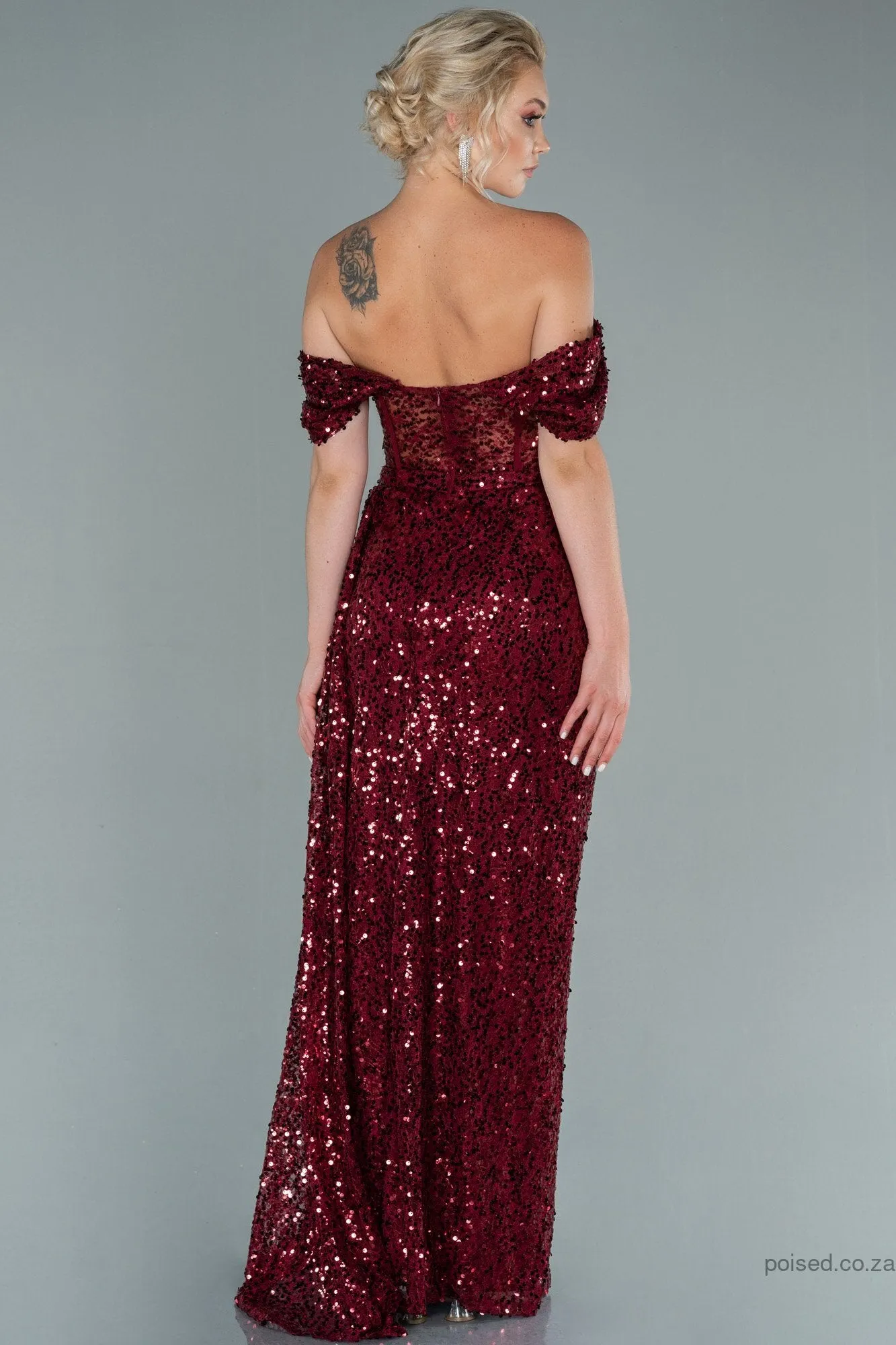 29973 Burgundy Off-Shoulder Slit Sequins Dress