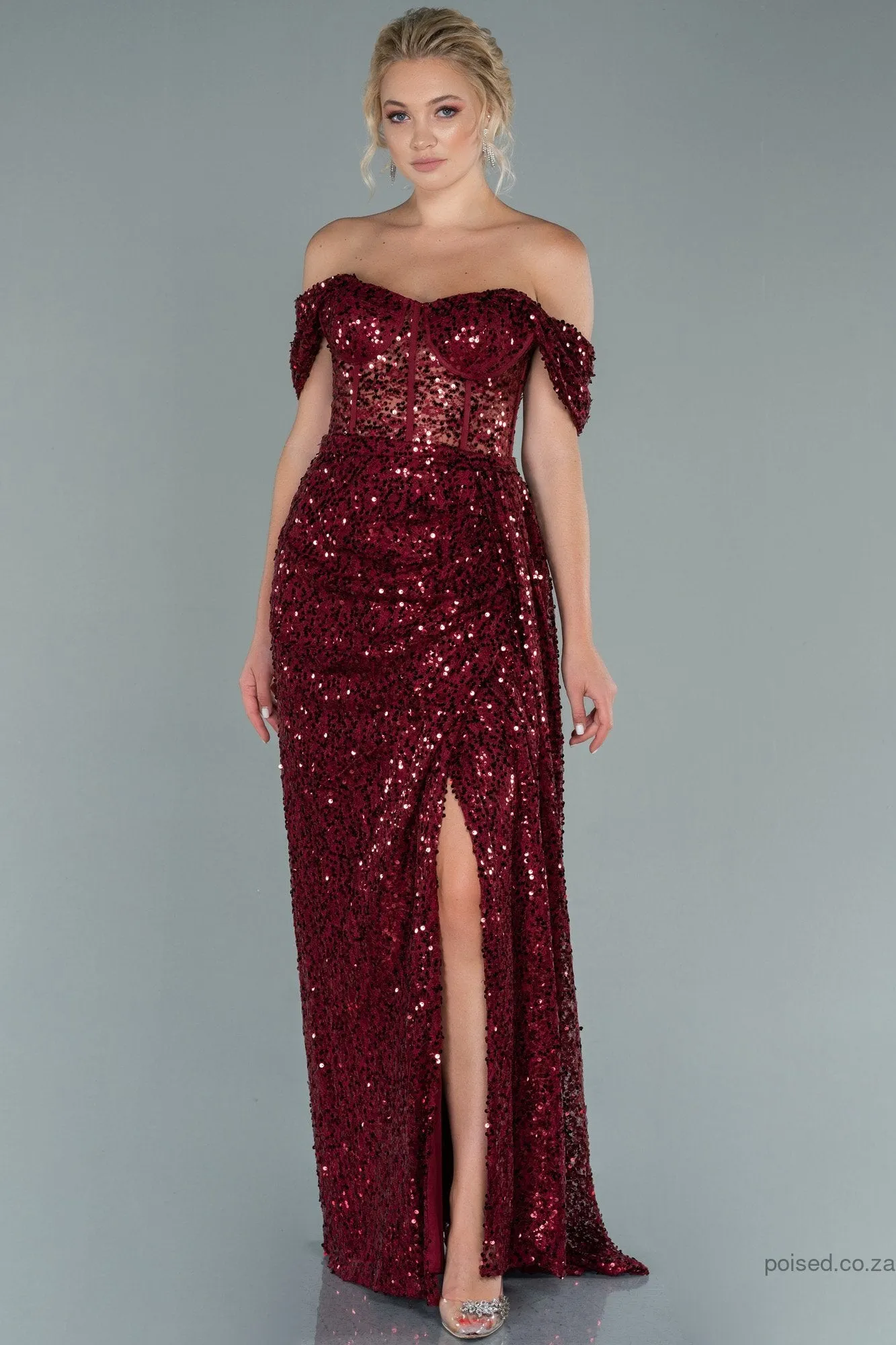 29973 Burgundy Off-Shoulder Slit Sequins Dress