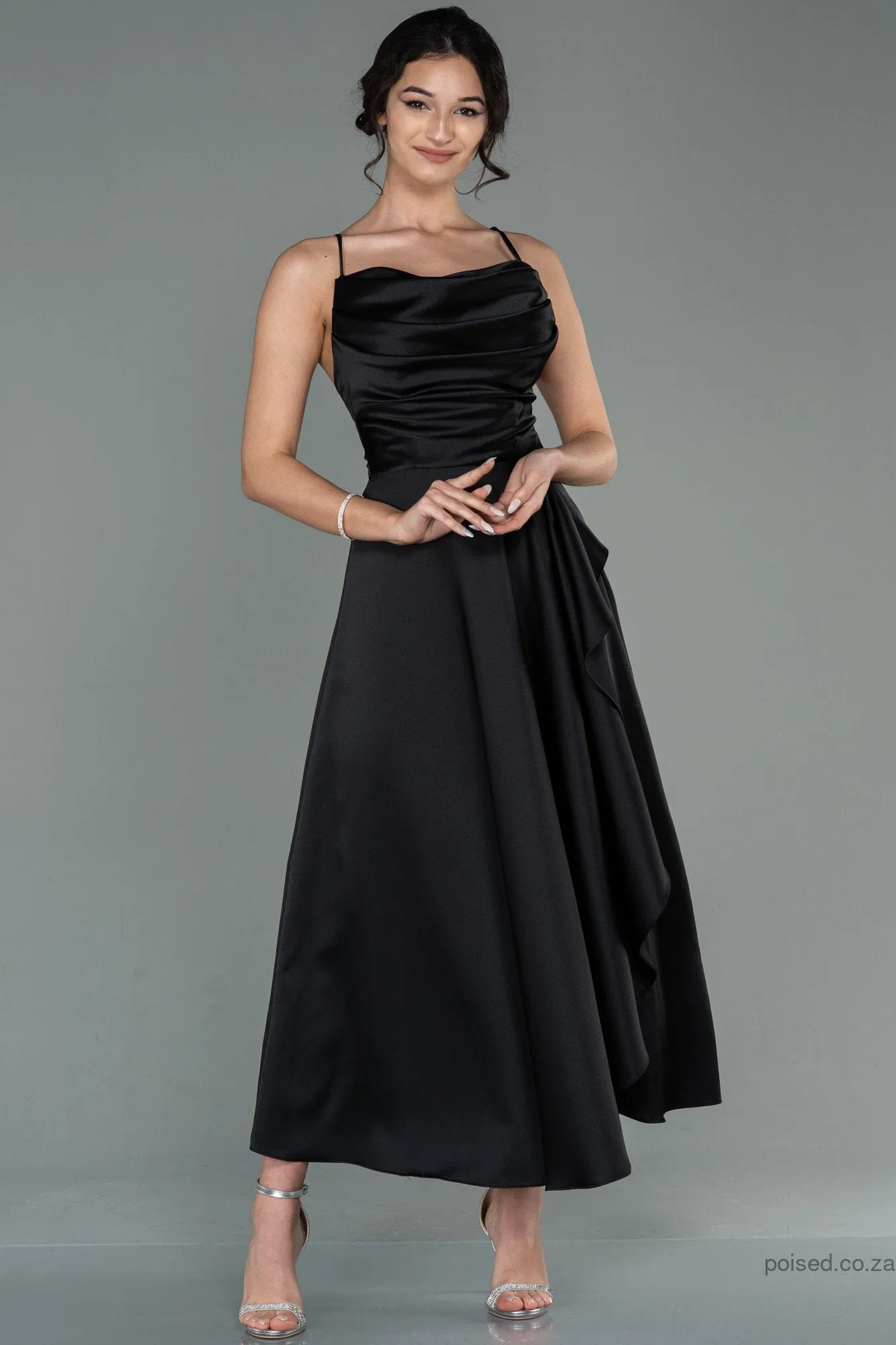 30109 Black Cross Strap Draped Satin Dress