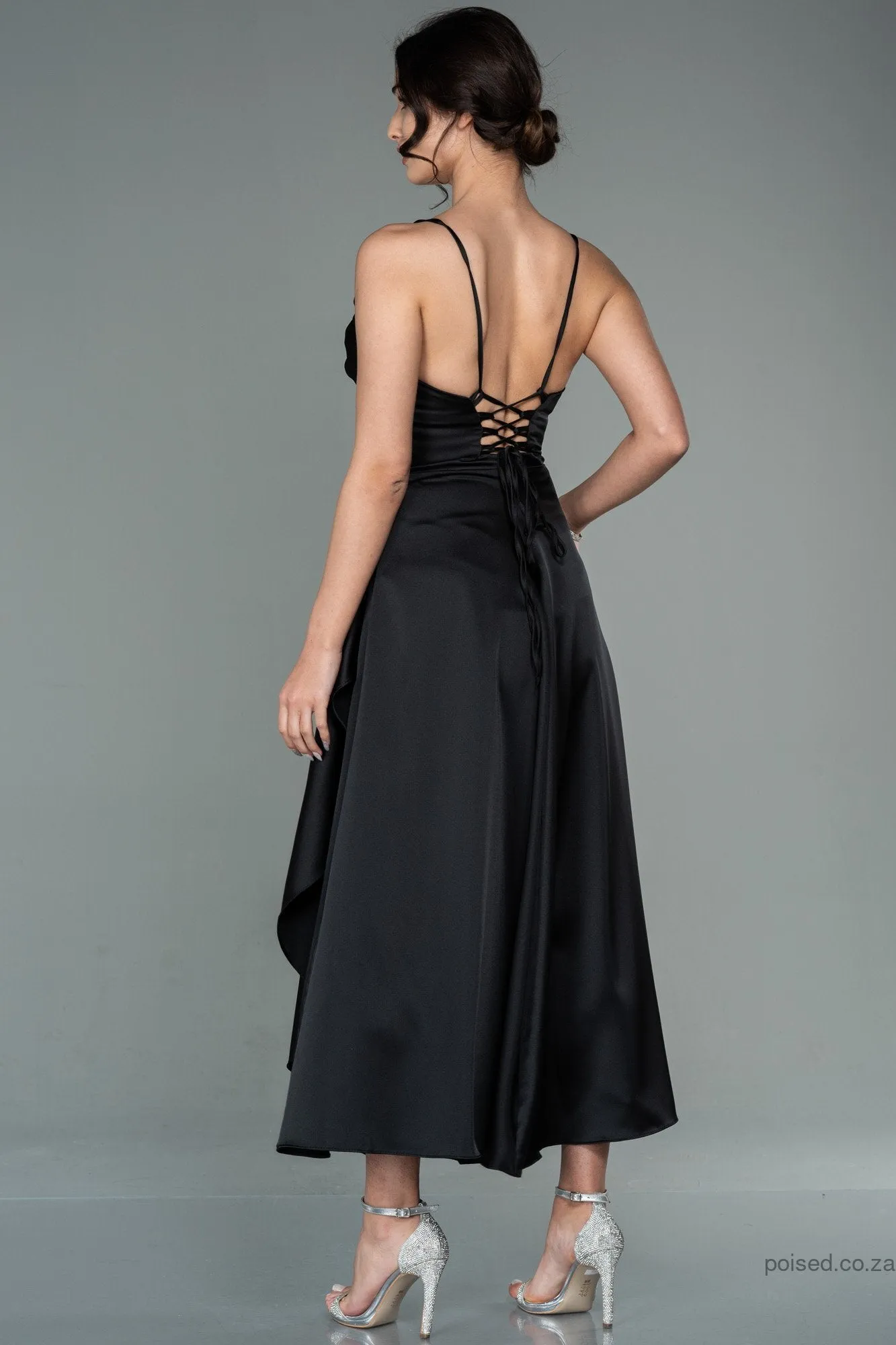 30109 Black Cross Strap Draped Satin Dress