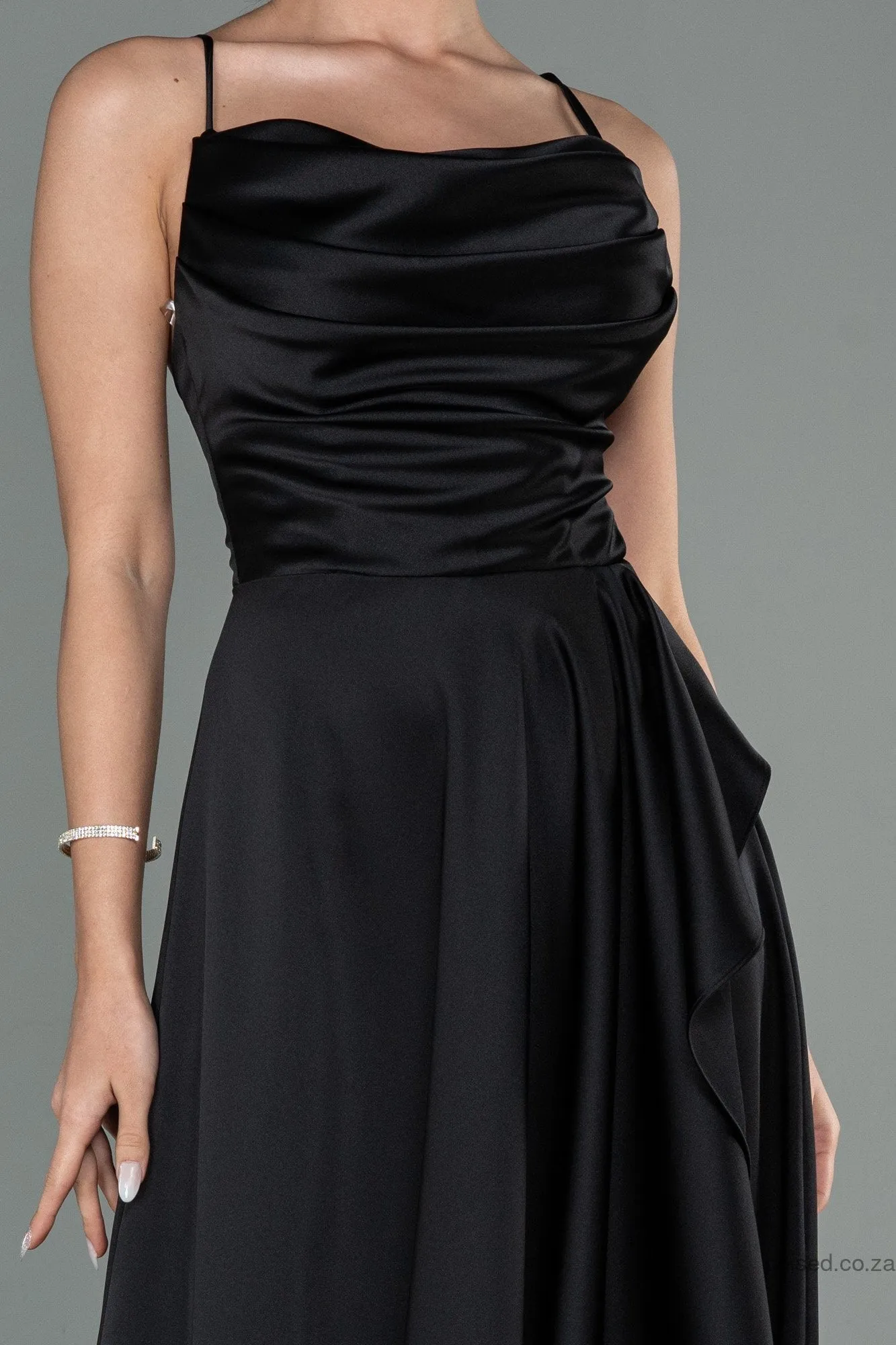 30109 Black Cross Strap Draped Satin Dress