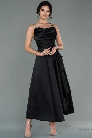30109 Black Cross Strap Draped Satin Dress