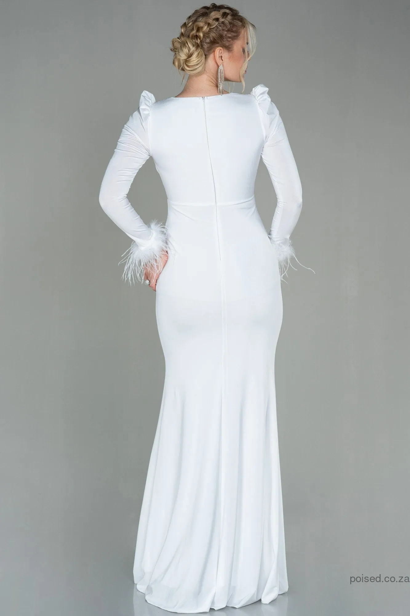 30134 Off-White Feather Detail Draped Slit Dress