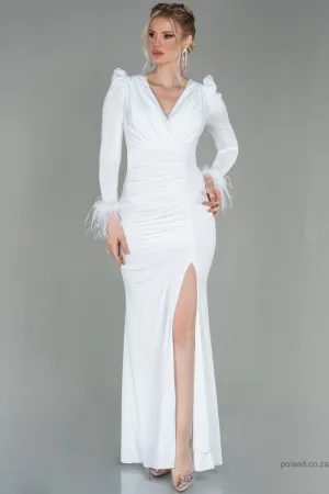 30134 Off-White Feather Detail Draped Slit Dress
