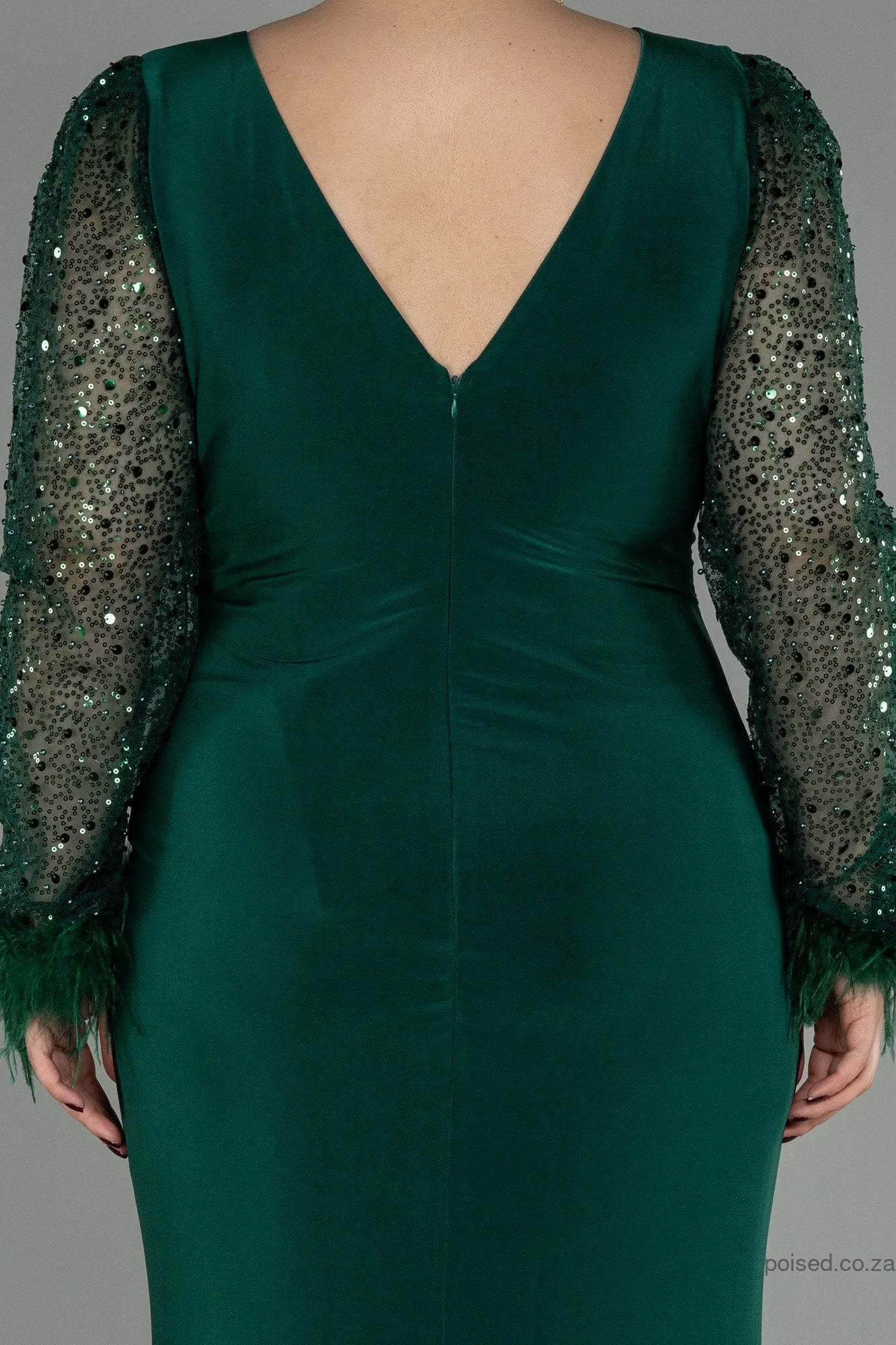 30197 Emerald Green Sequin Feather Draped Slit Dress