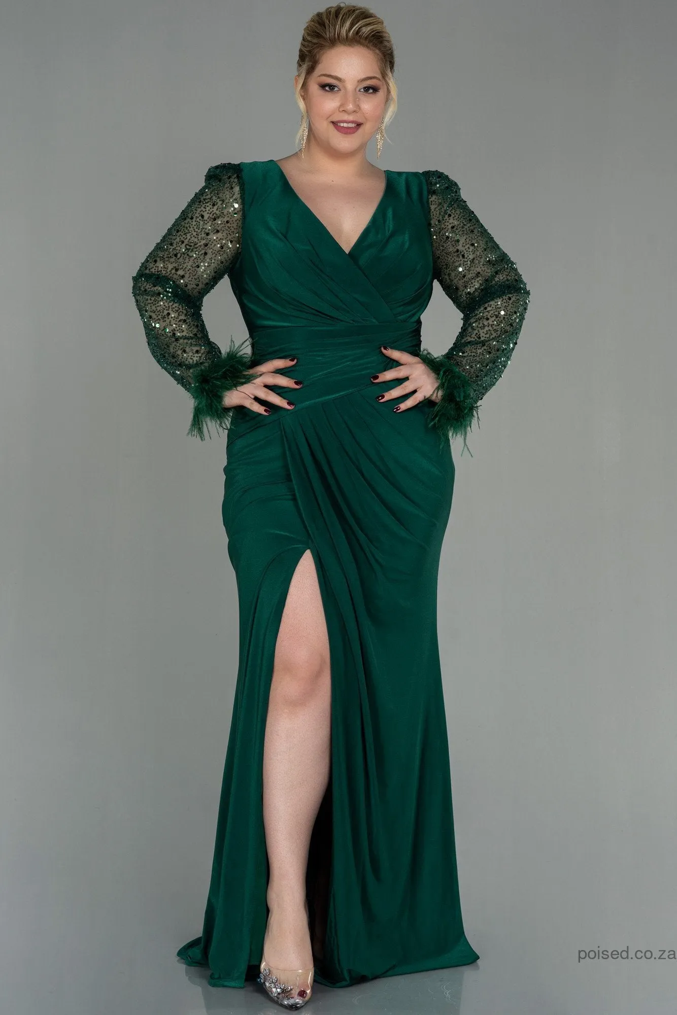 30197 Emerald Green Sequin Feather Draped Slit Dress