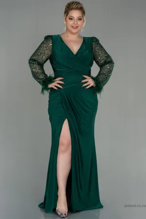 30197 Emerald Green Sequin Feather Draped Slit Dress