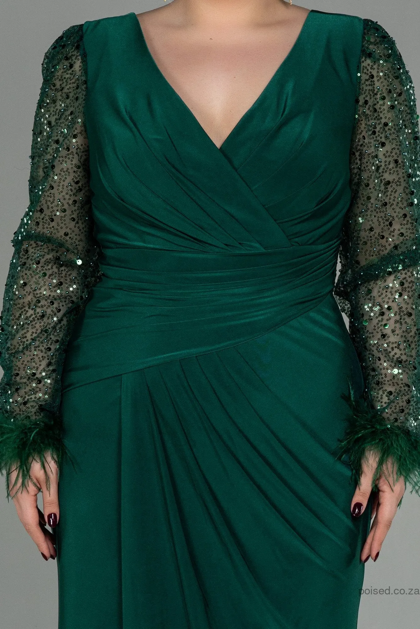 30197 Emerald Green Sequin Feather Draped Slit Dress