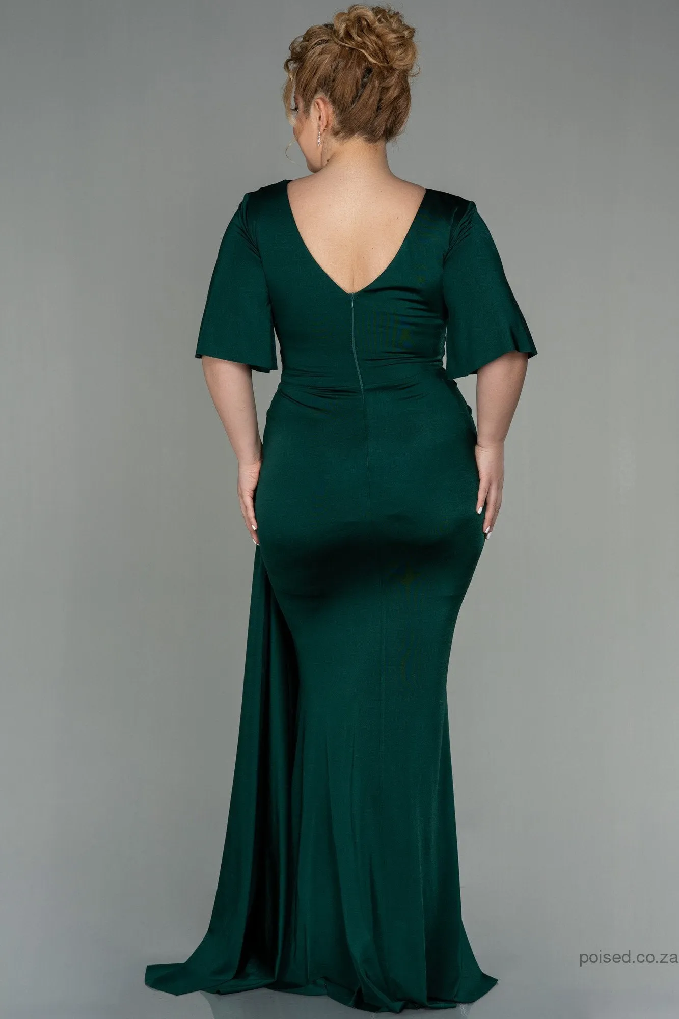 30216 Emerald Green Waist Brooch Draped Slit Dress