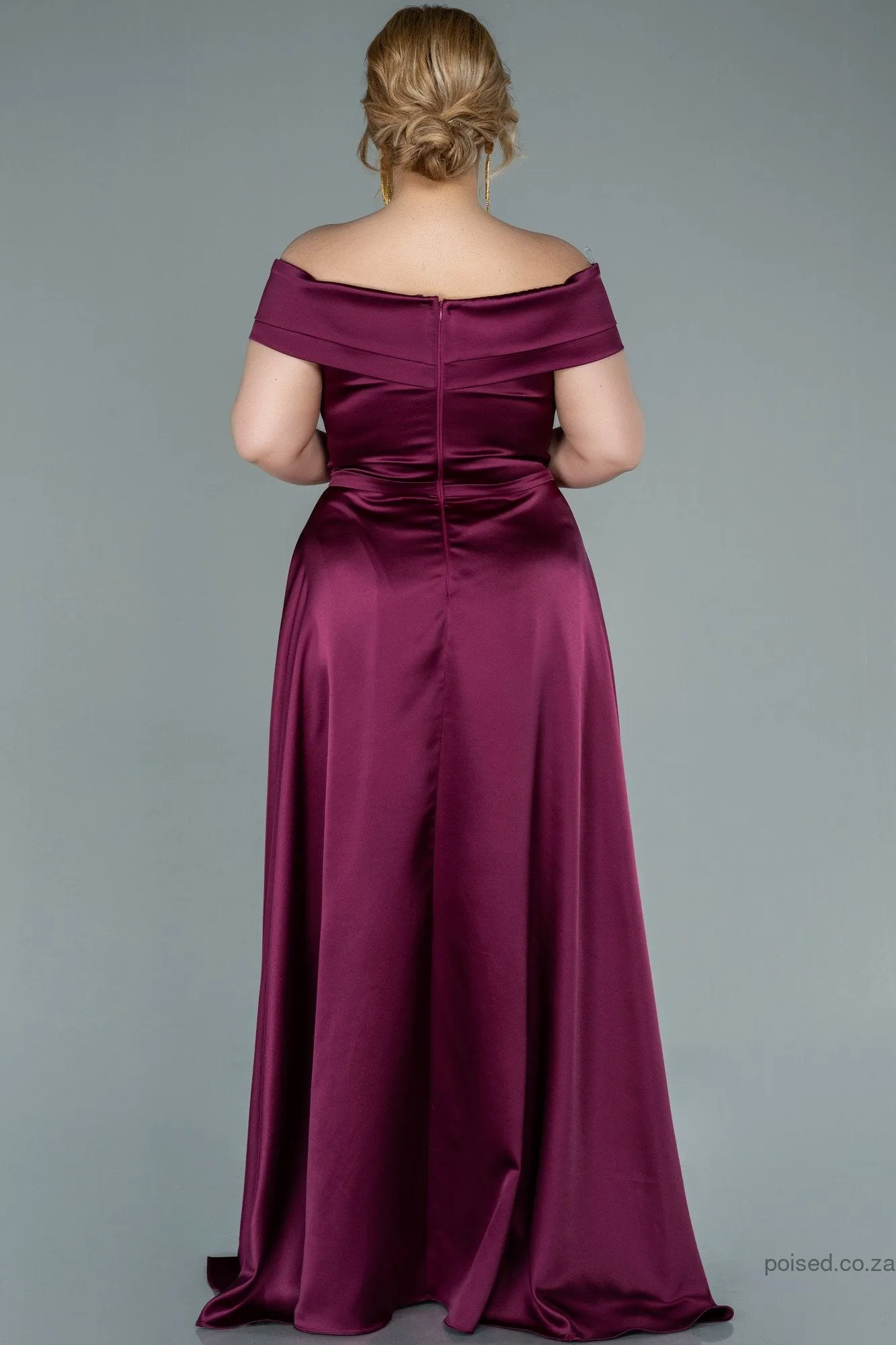 30255 Plum Off-Shoulder Slit Satin Dress