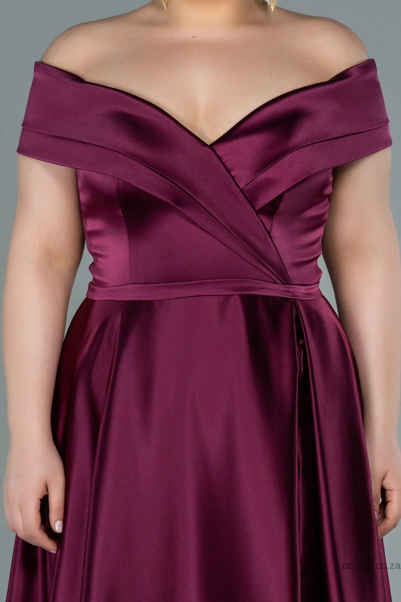 30255 Plum Off-Shoulder Slit Satin Dress