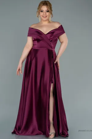 30255 Plum Off-Shoulder Slit Satin Dress