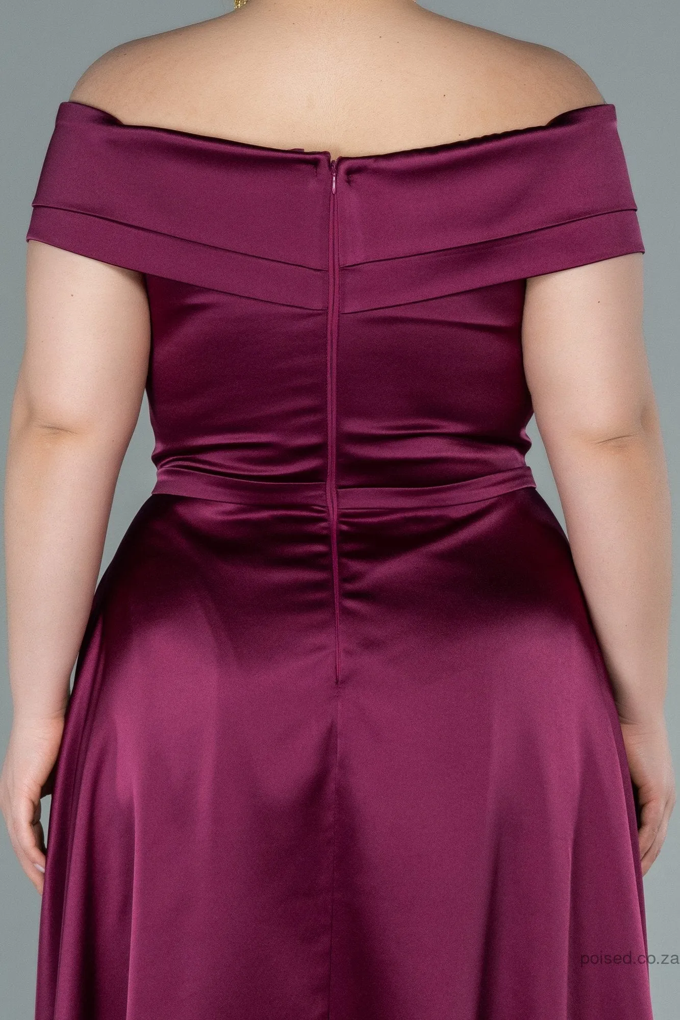 30255 Plum Off-Shoulder Slit Satin Dress