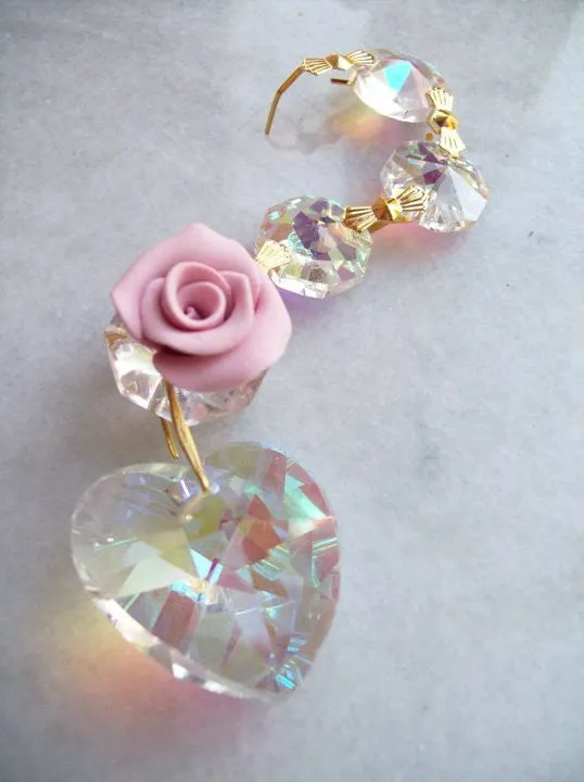 6 Chandelier Crystal Triple Bead Ornaments with Roses