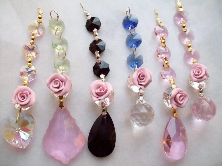 6 Chandelier Crystal Triple Bead Ornaments with Roses