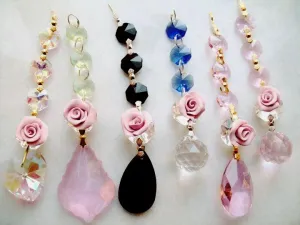 6 Chandelier Crystal Triple Bead Ornaments with Roses