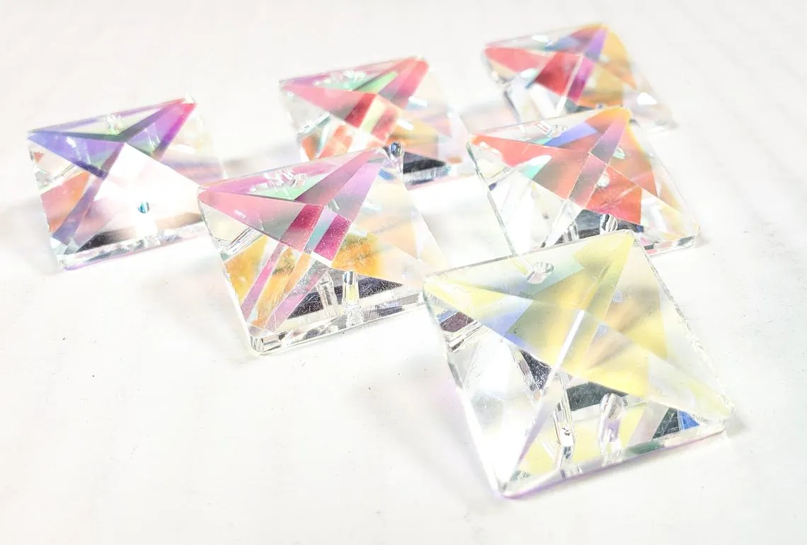 6 Iridescent Chandelier Crystals, 22mm AB Square Prisms Chandelier Parts