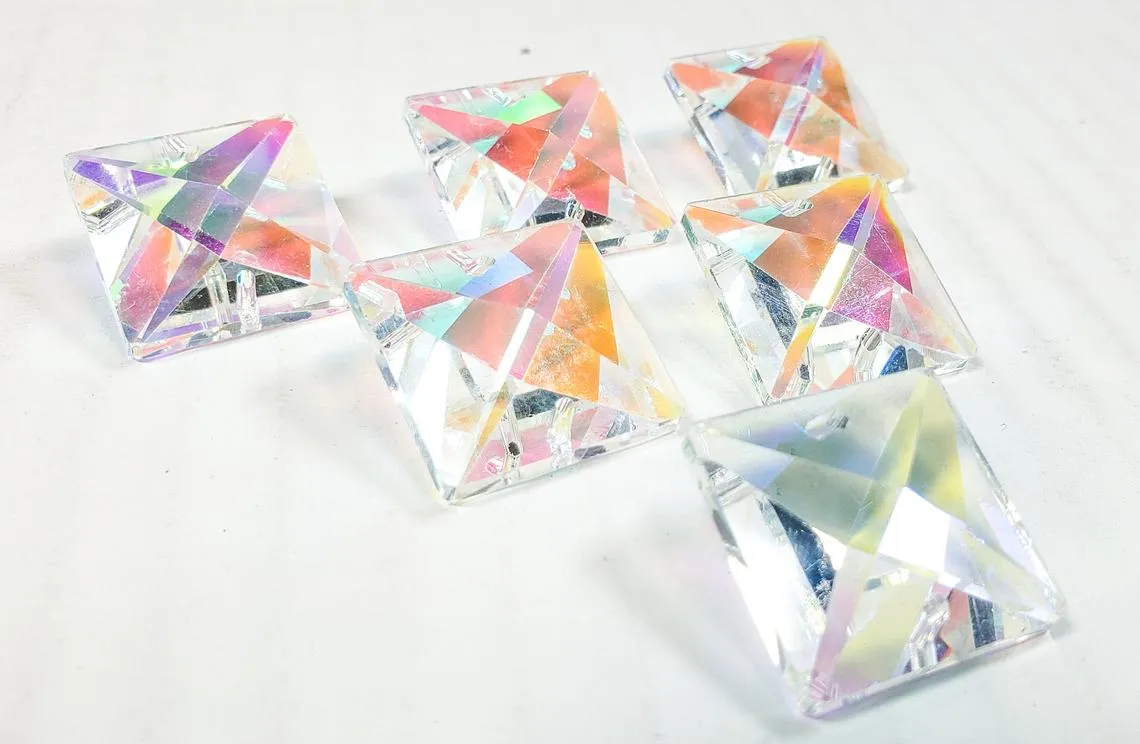6 Iridescent Chandelier Crystals, 22mm AB Square Prisms Chandelier Parts