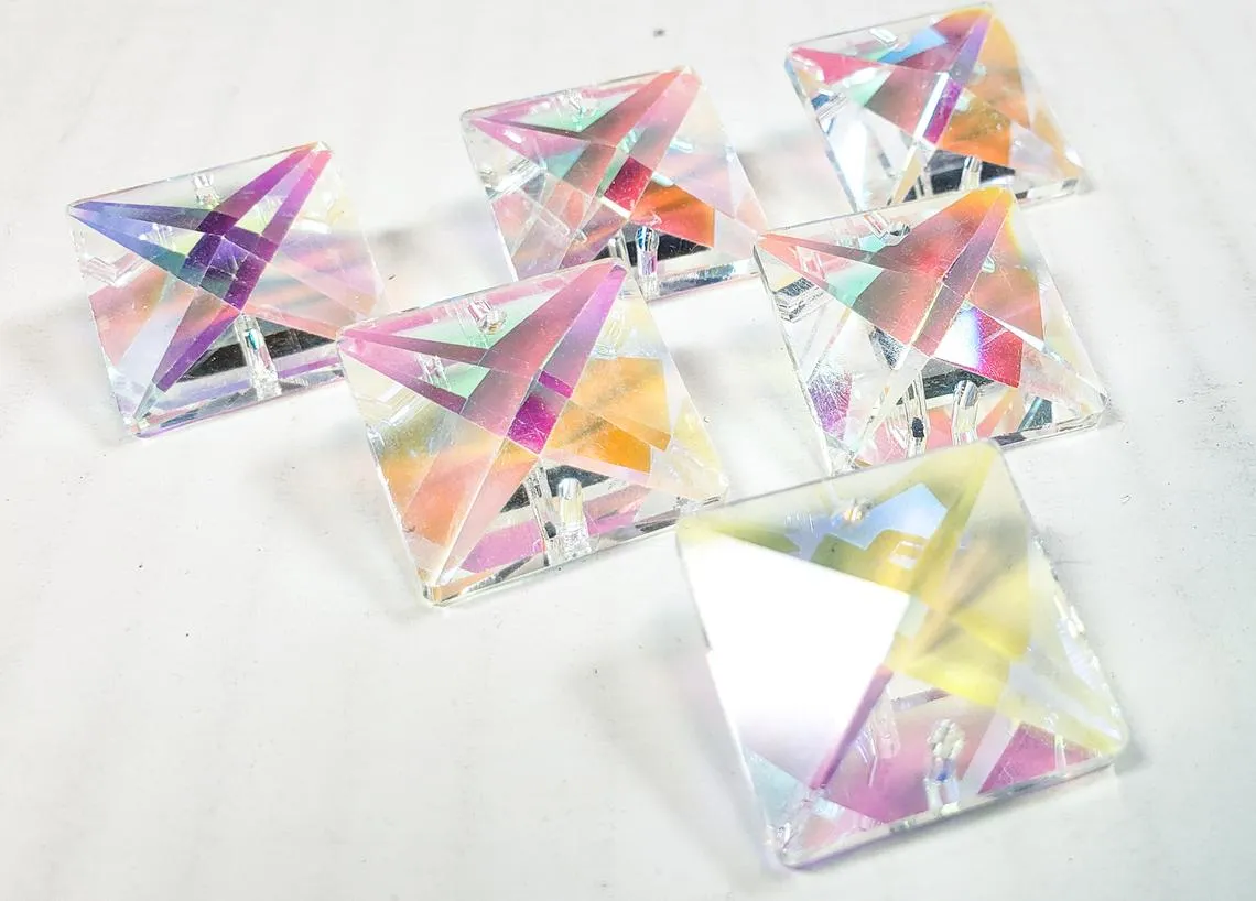6 Iridescent Chandelier Crystals, 22mm AB Square Prisms Chandelier Parts