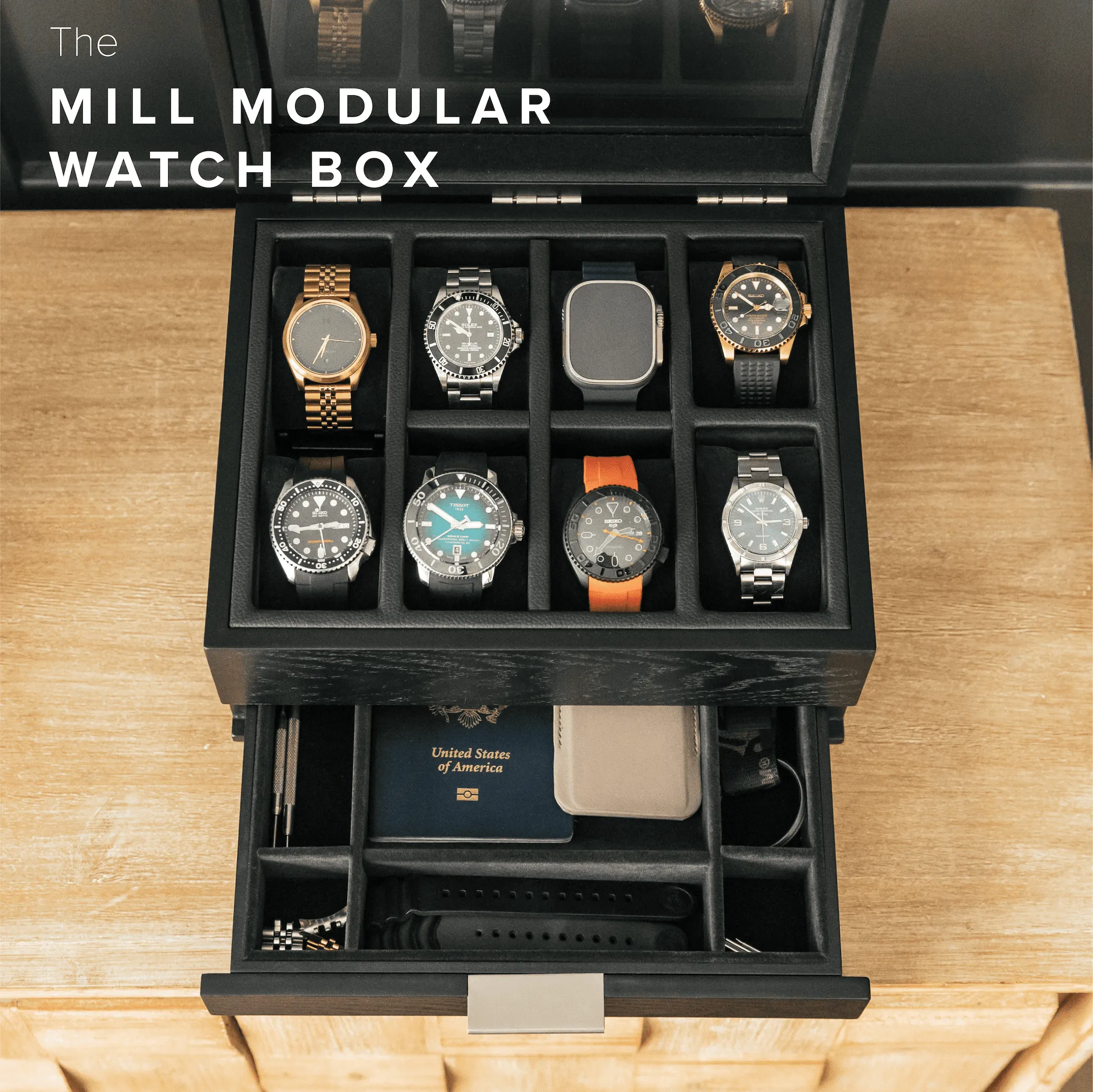8-Slot Black Watch Storage Display Box with Velvet Lining and Glass Top