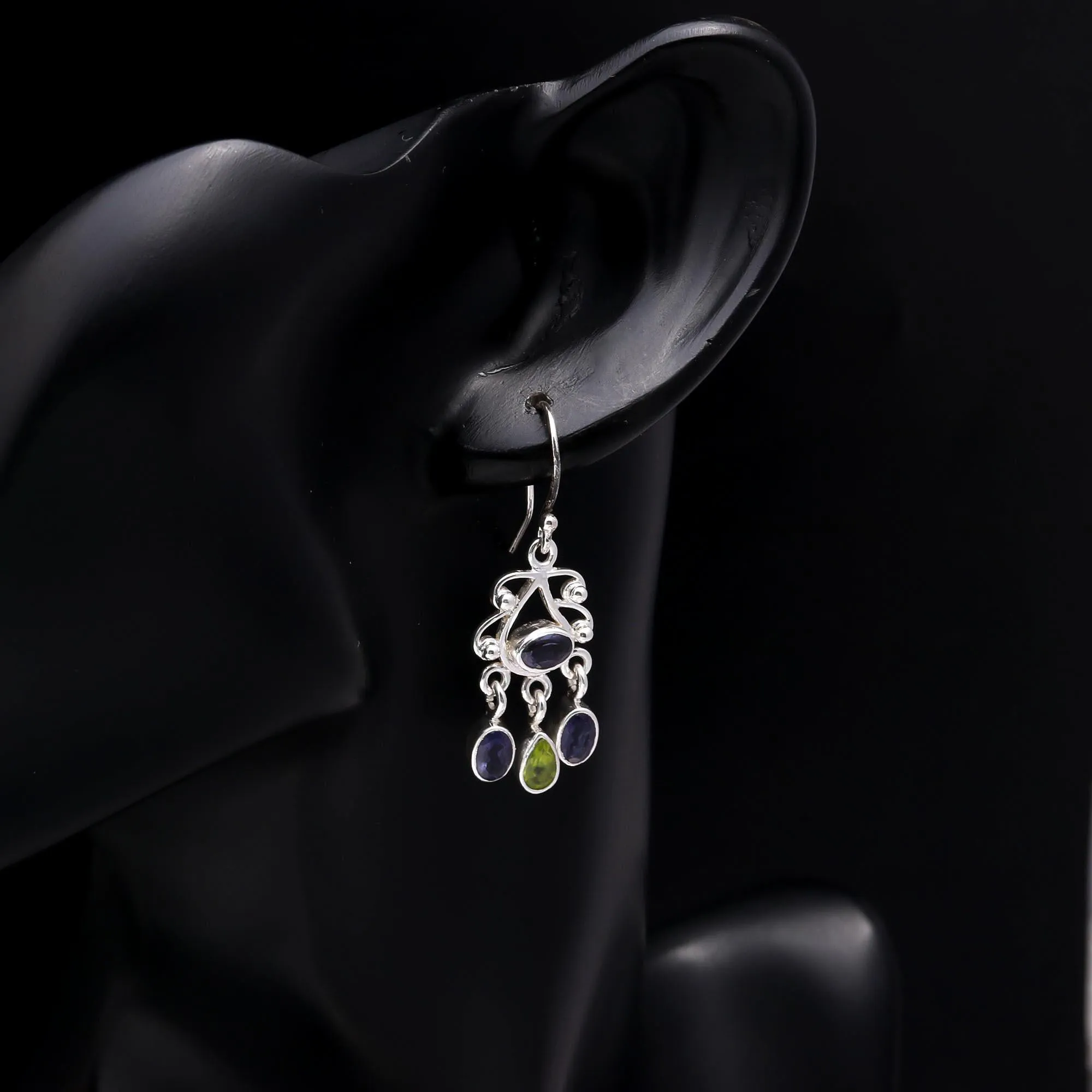 925 Sterling Silver Iolite & Peridot Chandelier Earrings
