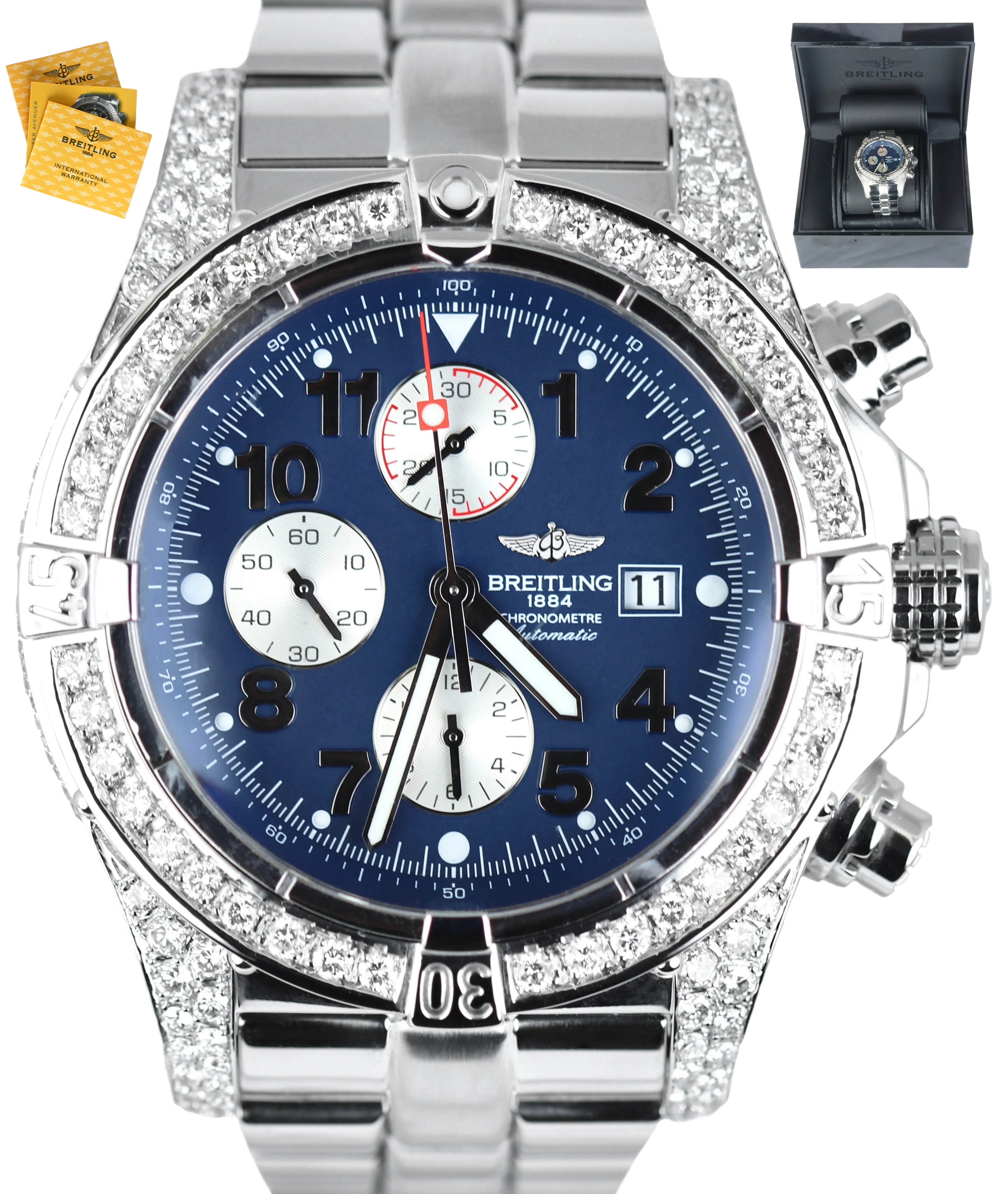 9.50ctw Diamond Breitling Super Avenger Chronograph Blue Stainless 48mm A13370