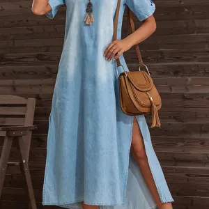 Adde Washed Turn Down Collar Side Split Denim Maxi
