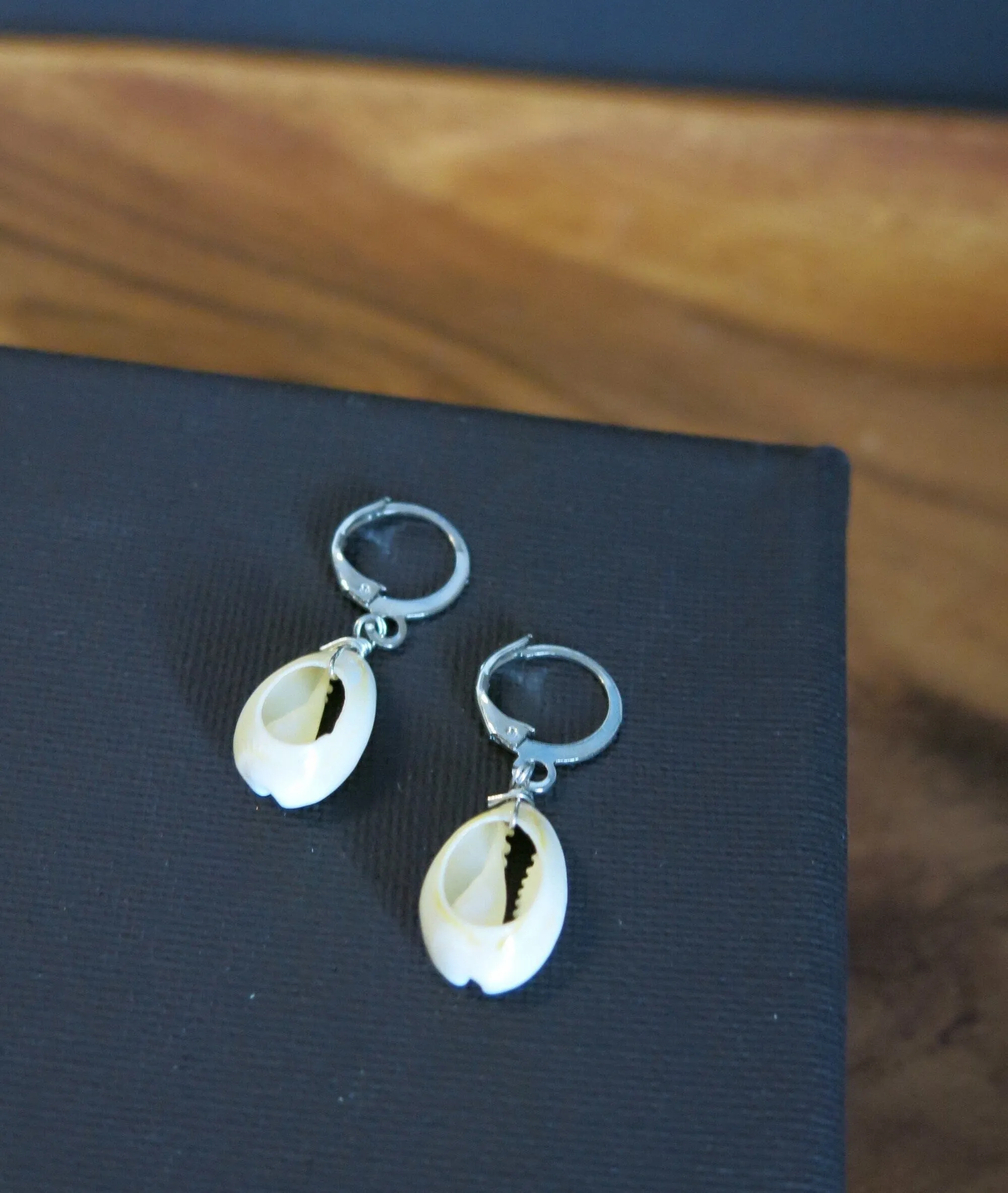 African Cowrie Seashell Hoop Earrings, White Kauri Beach Wedding Earrings, Bridal Shower Shell Dangle Lever Earrings