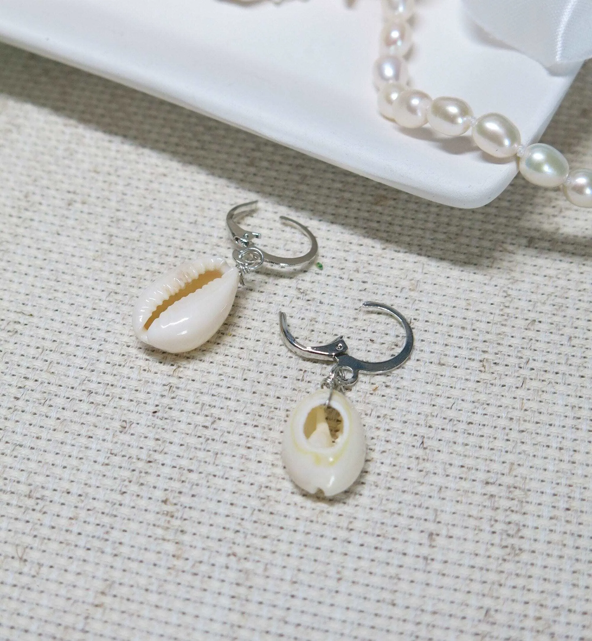 African Cowrie Seashell Hoop Earrings, White Kauri Beach Wedding Earrings, Bridal Shower Shell Dangle Lever Earrings