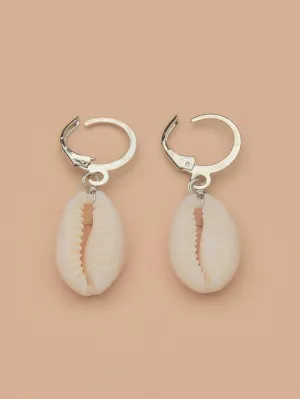 African Cowrie Seashell Hoop Earrings, White Kauri Beach Wedding Earrings, Bridal Shower Shell Dangle Lever Earrings