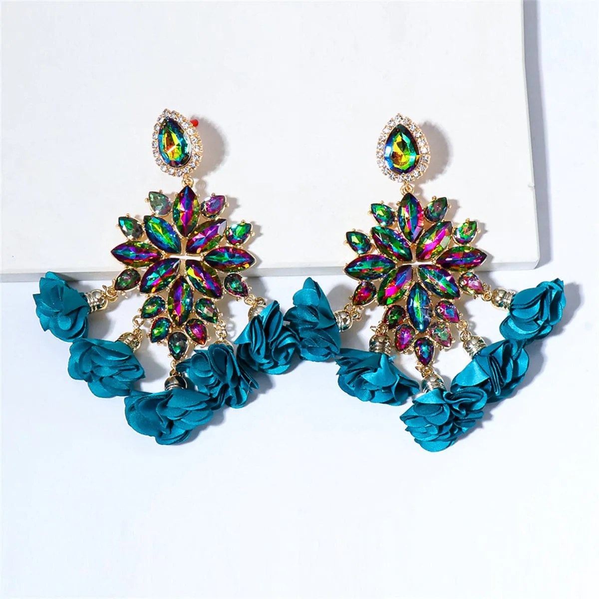 Aqua & Pink Crystal Iridescent Flower Tassel Drop Earrings