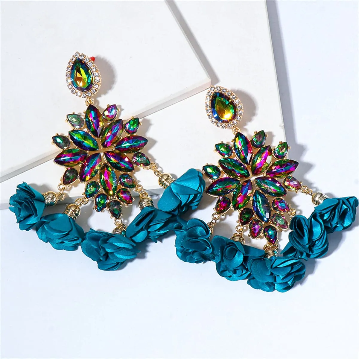 Aqua & Pink Crystal Iridescent Flower Tassel Drop Earrings