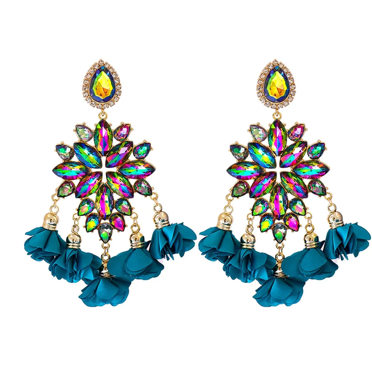 Aqua & Pink Crystal Iridescent Flower Tassel Drop Earrings