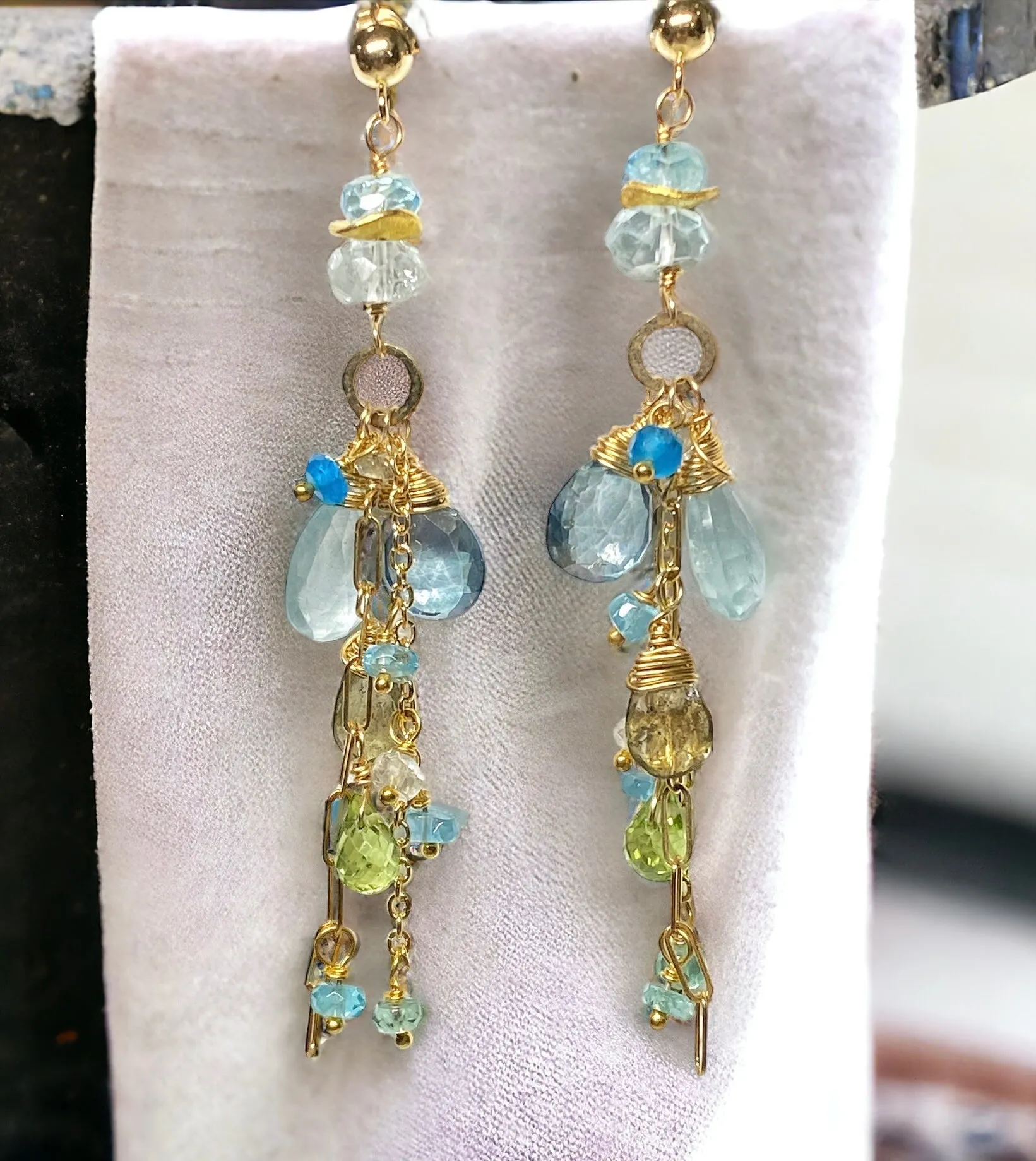Aquamarine and Gemstone Dangle Long Earrings