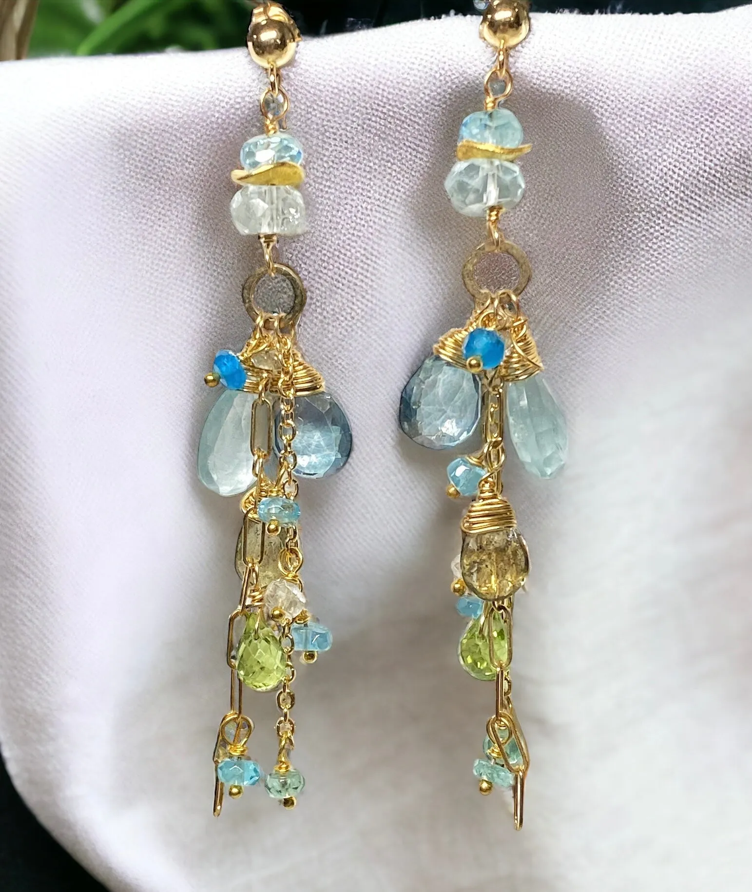 Aquamarine and Gemstone Dangle Long Earrings