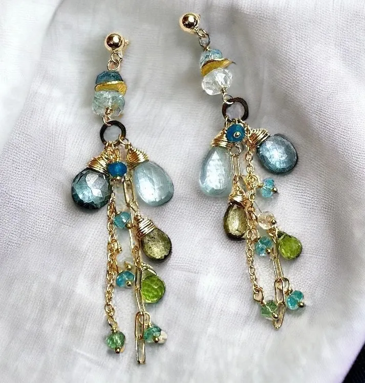 Aquamarine and Gemstone Dangle Long Earrings