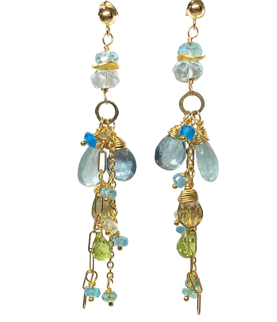 Aquamarine and Gemstone Dangle Long Earrings