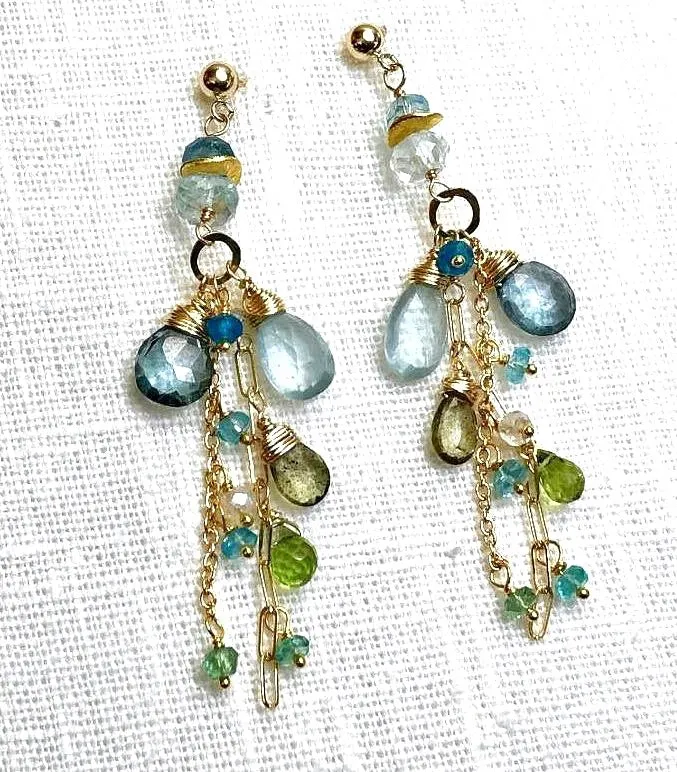 Aquamarine and Gemstone Dangle Long Earrings