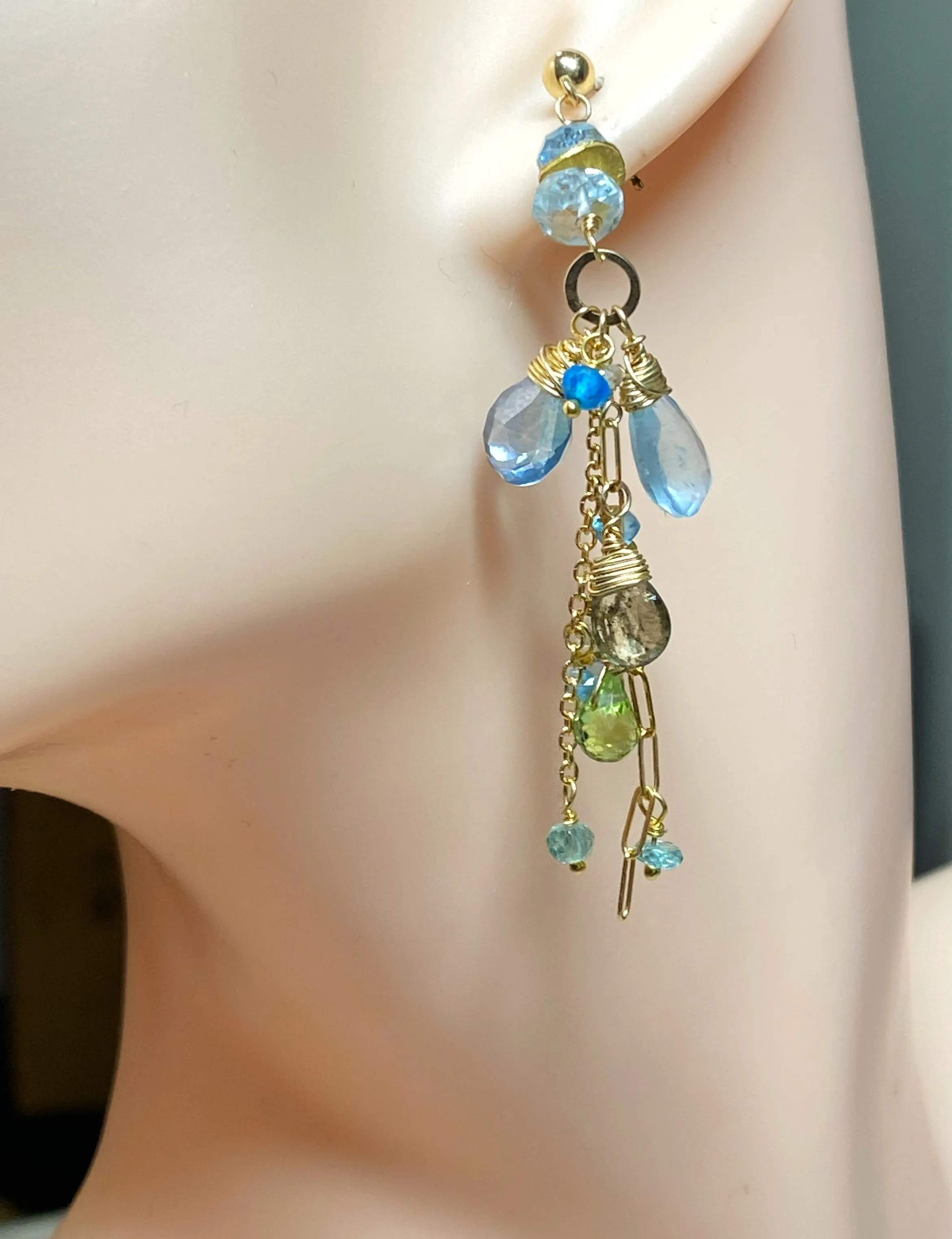 Aquamarine and Gemstone Dangle Long Earrings