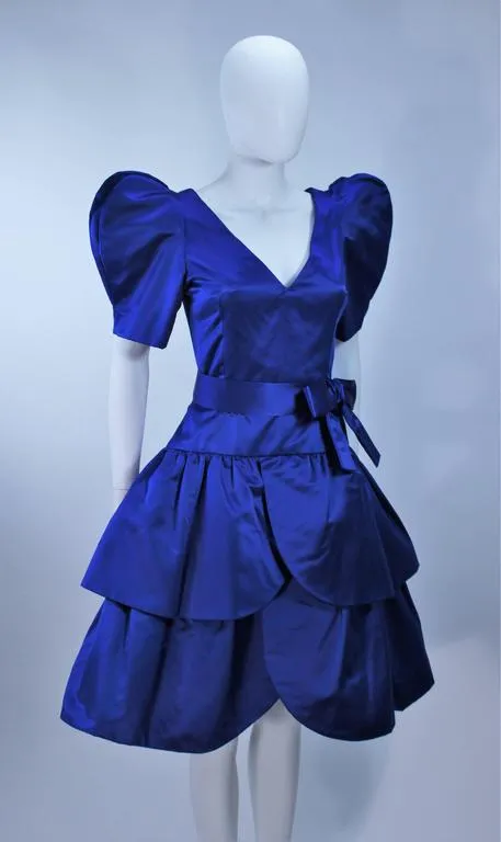 ARNOLD SCAASI Blue Satin Cocktail Dress with Bow Size 8