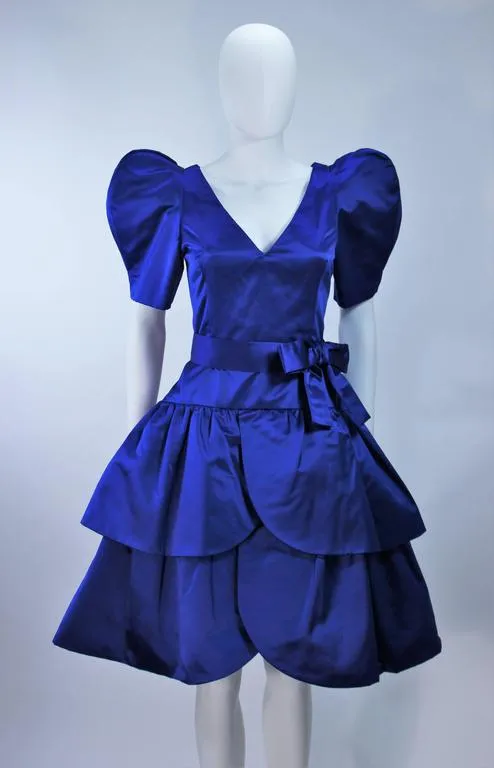 ARNOLD SCAASI Blue Satin Cocktail Dress with Bow Size 8
