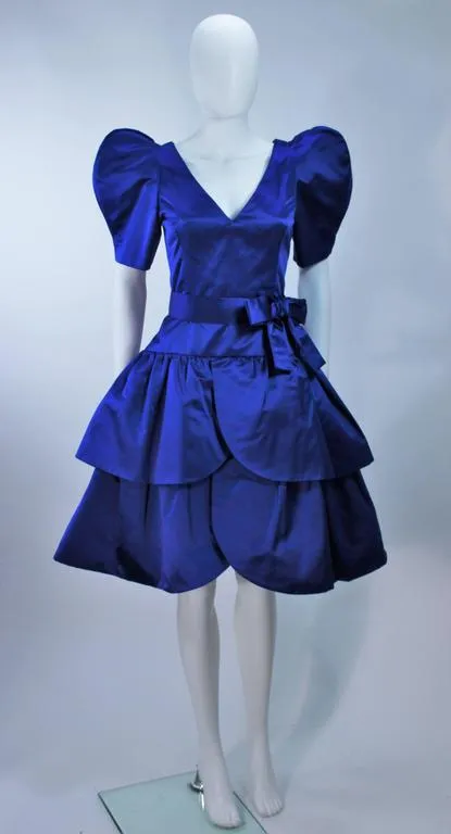 ARNOLD SCAASI Blue Satin Cocktail Dress with Bow Size 8