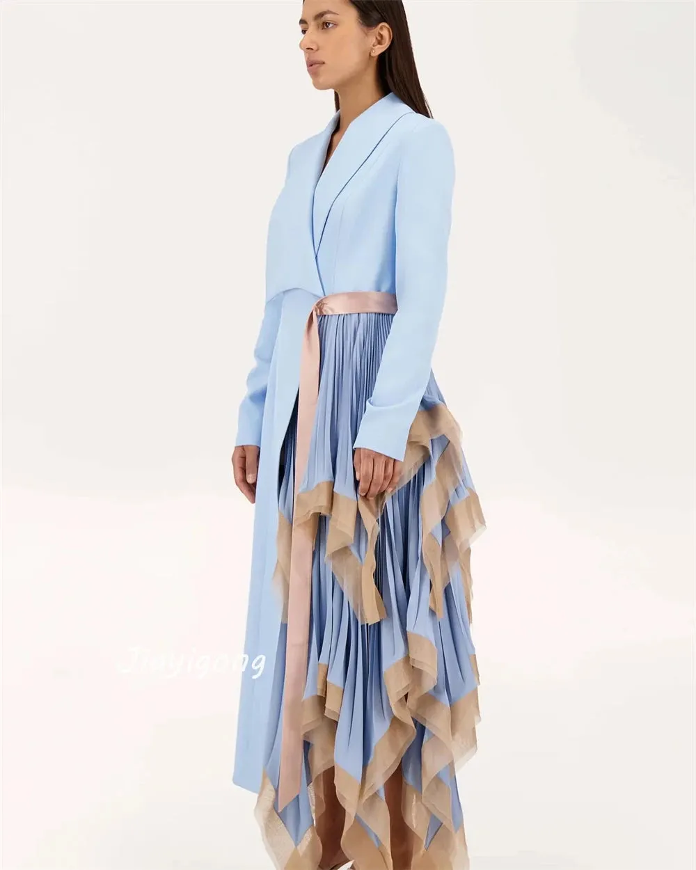 Aubrielle Mesh Spliced Notched Long Sleeve Single Button Dress