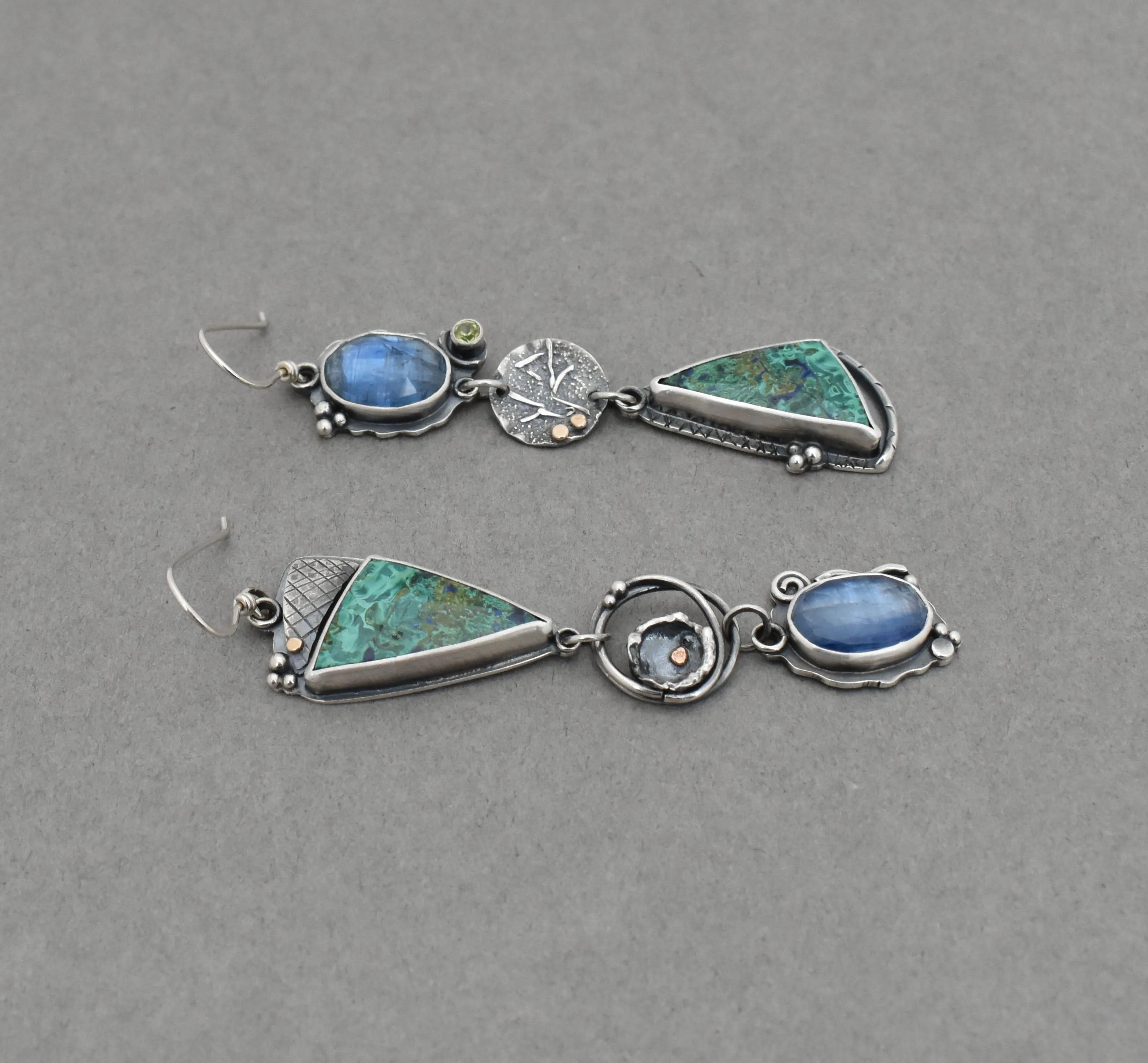 Azurite Malachite and Kyanite Melange Dangle Earrings.